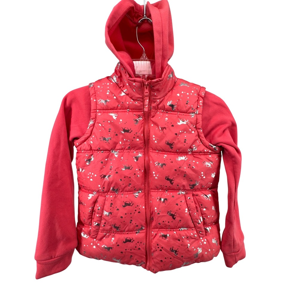 Pink Platinum Silver Unicorn Print Girls Hooded Puffer Vest Jacket Size‎ 10/12